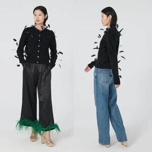 NEW Lingua Franca Button Front Elton Feather Cardigan Sweater Black Size: Medium